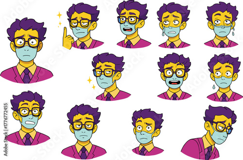 Cartoon character emotion illustration set, expressive face vector, purple hair character artwork, human feelings clipart, emotional recognition design