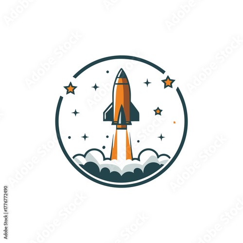 A vibrant rocket blasts off with smoky launch within a celestial circular border