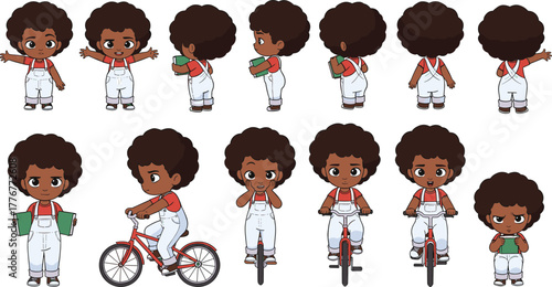 Cartoon child character design sheet, animation reference poses vector, expressive kid illustration, storytelling artwork, children’s clipart for creative projects