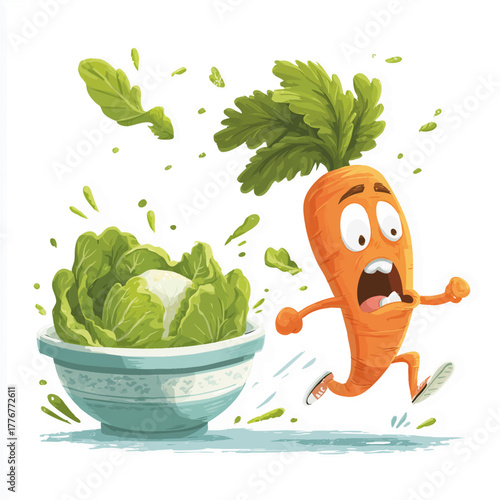 Terrified Carrot Escaping a Salad Bowl as Shocked Lettuce Watches – Funny Vector Scene on White Background