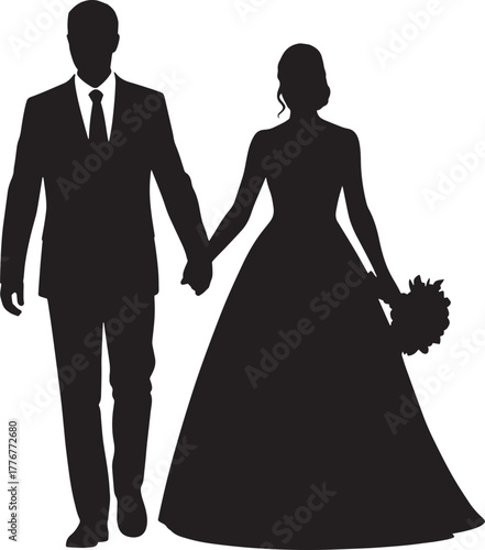Black silhouette of bride and groom walking through the isle
