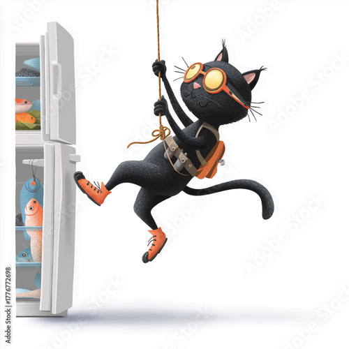 Sneaky Cat Burglar Rappelling to Steal Fish from Fridge Wearing Mask and Goggles – Funny Vector Illustration on White Background
