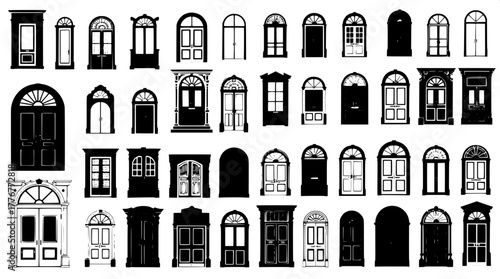 “Vector illustration in monochrome showing a grid of varied door silhouettes. Each door is rendered with sharp outlines and minimal detailing, emphasizing diverse architectural forms on a pure white b