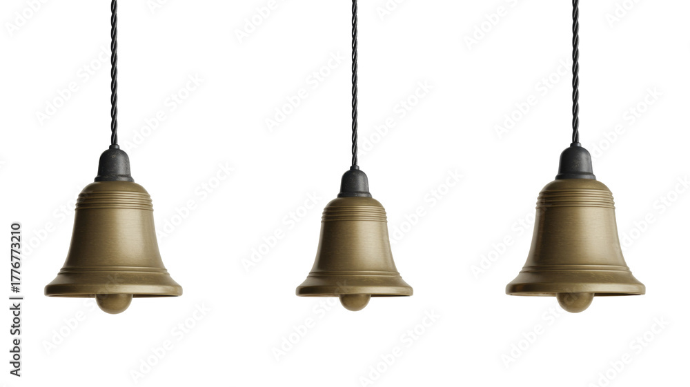 Obraz premium Three ornate brass bells hang symmetrically from black cords against a solid transparent background, evoking a festive or celebratory mood. background removed