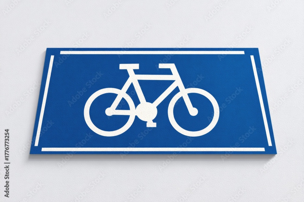 Fototapeta premium A blue rectangular sign featuring a white bicycle symbol and border, indicating a dedicated cycling path or area, mounted on a textured white wall.