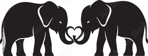 Black silhouette of two elephants making heart shape with their trunk