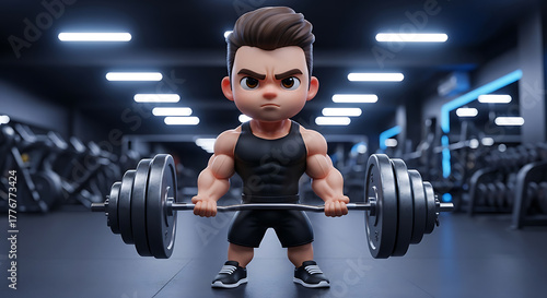 Cartoon character lifting a heavy barbell in a dimly lit gym.