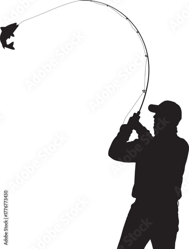silhouette of a fisherman with fishing rod catching fishes
