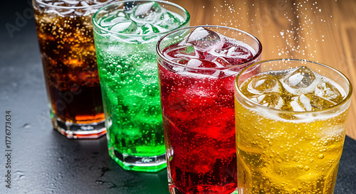 Four glasses of differently colored carbonated drinks with ice on a dark surface.
