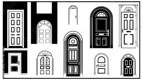 “A black and white vector poster featuring an assortment of door designs — rectangular, arched, and circular — displayed in a structured 3x5 grid. Each door’s detailing is captured through negative sp