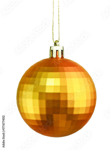 Isolated gold disco ball Christmas Ornament on white background. The warm gold/copper tone. Element for holiday themes, New Year's Eve parties, and festive digital advertising.