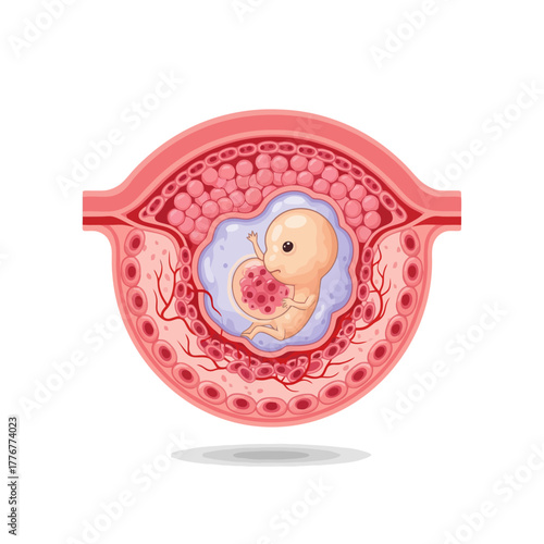 Early embryonic development inside the uterus showcases a growing fetus with placenta and umbilical cord, perfect for science education or medical illustration