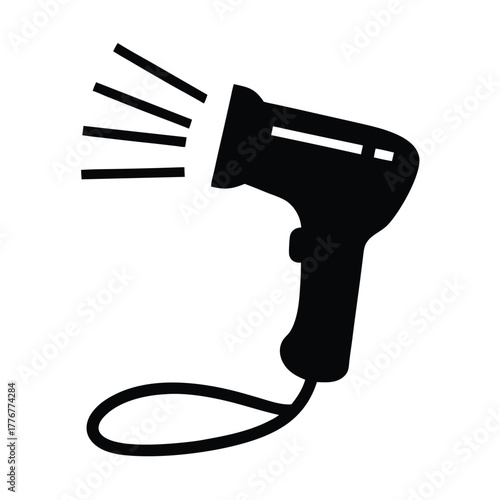 Black scanner device emits light lines and features a tethered wrist strap for security