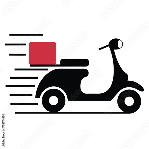 Black scooter with a red package is quickly moving from left to right