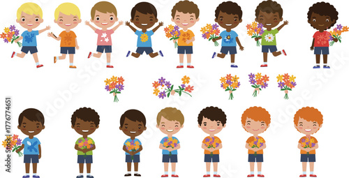 Cartoon children with flower bouquets, diverse kids illustration, happy celebration artwork, colorful floral vector, friendship and joy clipart design