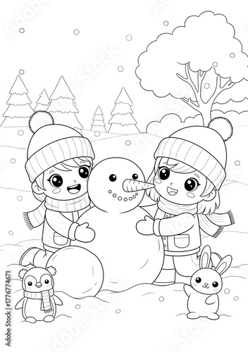 Boy and girl makes Snowman. Festive Winter card