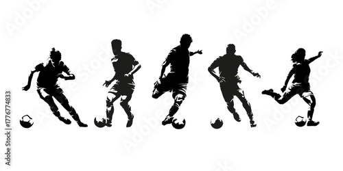 Soccer, football, group of men and women playing football, set of isolated vector silhouettes, team sport athletes