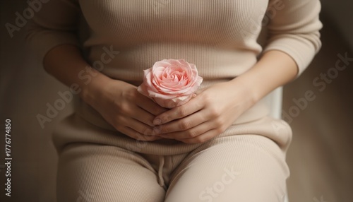 A woman in beige loungewear holds a pink rose over her abdomen. Women's health, menstruation, menopause and self-care concept