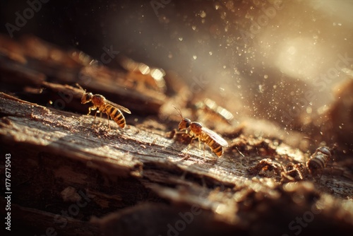 Macro shot: winged insects, likely termites or ants, scurry across textured wood, illuminated by a warm, dusty sunlight.