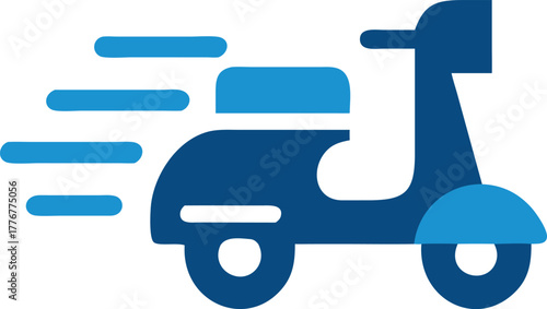 Blue motor scooter swiftly moves rightward displaying motion, speed, and simple form