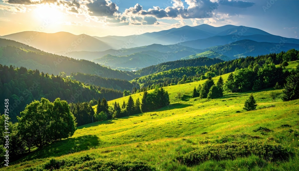 Obraz premium Idyllic green mountain landscape with hills, forest and sunlight. Scenic nature panorama, mountain valley, ecology, summer meadow, sunrise inspiration. Tranquility, freedom, outdoors, travel beauty.