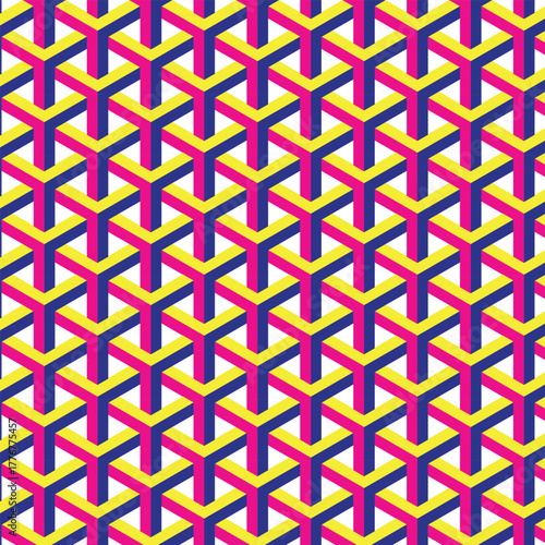 Vibrant, repeating geometric pattern with 3D cube illusion and colorful gradient.
