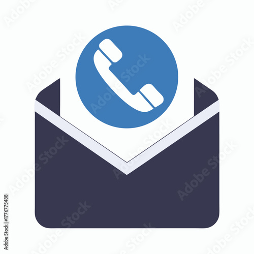 Blue telephone icon emerges from inside a dark envelope on a white backdrop