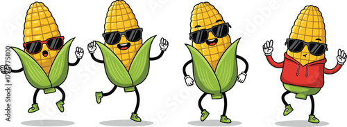 Cartoon dancing corn cob illustration, anthropomorphic vegetable character vector, playful food artwork, funny agriculture clipart, expressive farm design elements