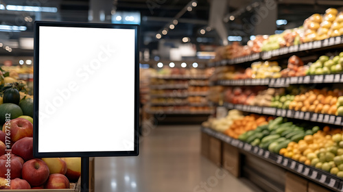Blank sign display stands amidst colorful produce at grocery store, an advertisement opportunity for weekly specials or promotions. Shopping never felt so convenient.