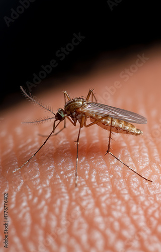 Wallpaper Mural A mosquito rests on human skin, poised to bite. Its delicate wings and long legs are visible in sharp detail. The skin's texture contrasts with the insect's fragile form. Torontodigital.ca