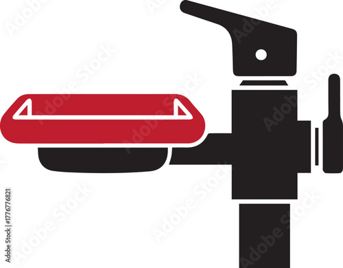 Black and red graphic illustration of a faucet with a soap dish and a bottle water plumbing