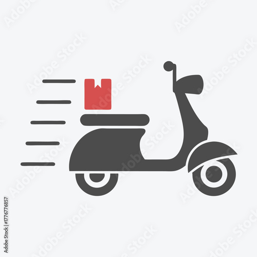 Gray moped carries a red package, with speed lines behind it indicates fast motion