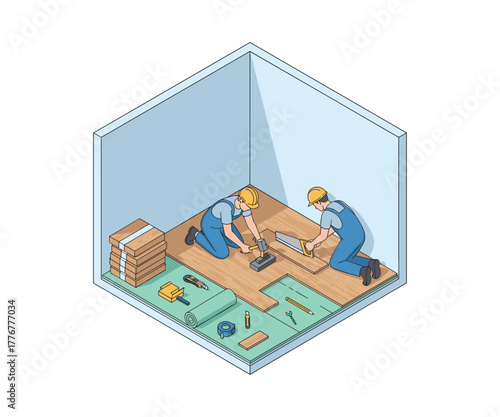 Isometric illustration of workers installing laminate flooring during renovation
