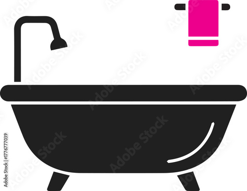 Black bathtub with a pink towel hanging on a rack above it bathroom