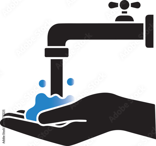 Black silhouette of a faucet with running blue water splashing onto an open hand washing hygiene