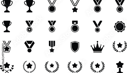 Collection of silhouetted trophies medals ribbons laurel wreaths and award symbols representing victory achievement and success in various competitions and sports
