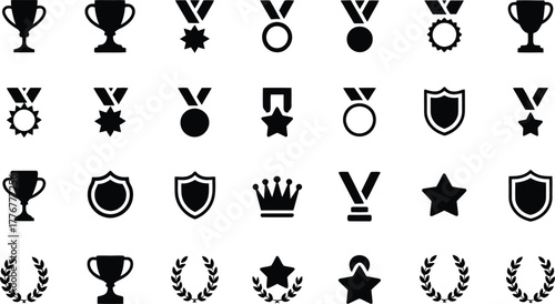 Collection of diverse award and recognition icons including trophies medals shields stars crowns and laurel wreaths symbolizing achievement victory and success in a clean silhouette style