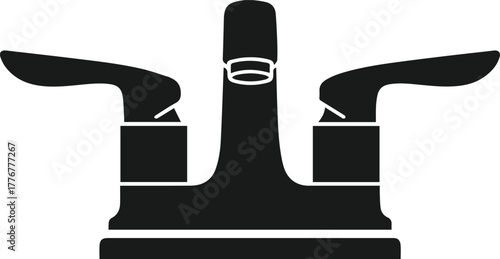 Black silhouette of a modern faucet with two handles and a central spout on a white background water