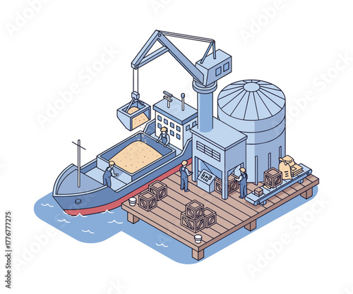 Isometric illustration of cargo ship loading at port with crane and silo