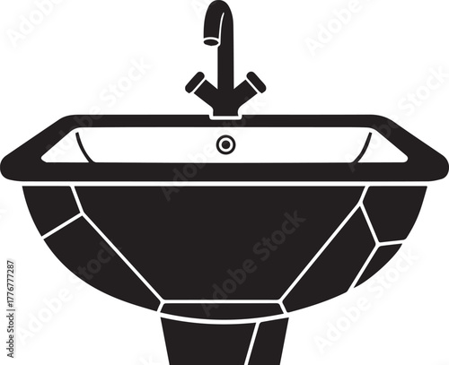 Black silhouette of a modern geometric basin with a chrome faucet and drain sink bathroom