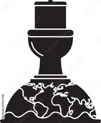Black silhouette of a toilet bowl and tank perched atop a stylized globe with continents outlined in white