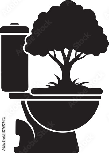 Black silhouette of a toilet with a tree growing from its bowl and a water tank nature environment