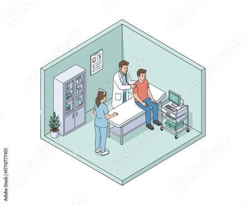 Isometric illustration of doctor examining patient in medical office