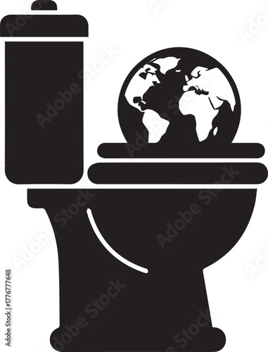 Black silhouette of planet Earth in a toilet bowl with lid up globe