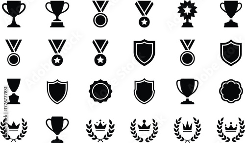 Collection of silhouette icons representing trophies medals shields and laurel wreaths symbolizing achievement victory and recognition in sports and competitions