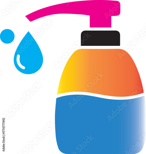 Brightly colored liquid soap dispenser with a falling drop and a splash pump bottle hygiene