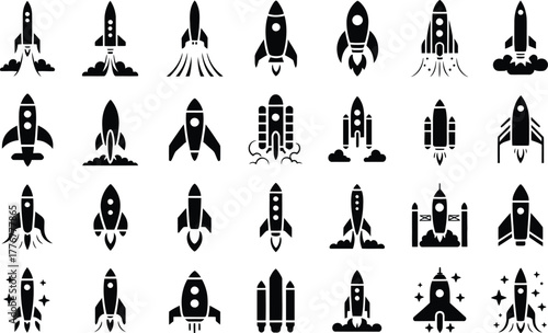 Collection of diverse black silhouette rocket ship icons representing space exploration and futuristic travel in a grid layout