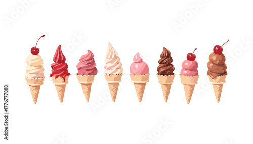 Ice cream stand festival with various flavors displayed in cones on a transparent background