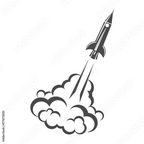 Isolated Rocket Launch with Smoke Trail, on White Background