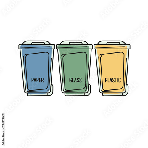 Three recycling bins labeled for paper, glass, and plastic waste in blue, green and yellow colors, vector illustration. Sorting trash concept, environmental and ecological issues 